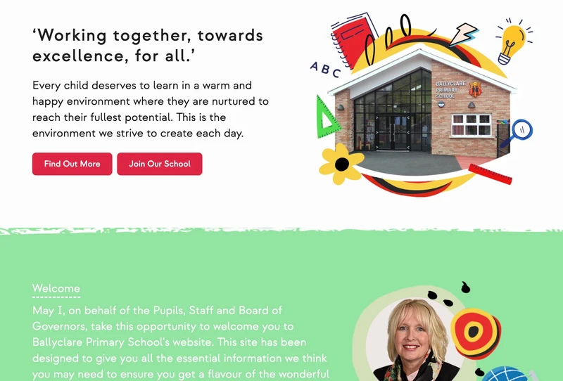 Custom illustrations show the playfulness of the school