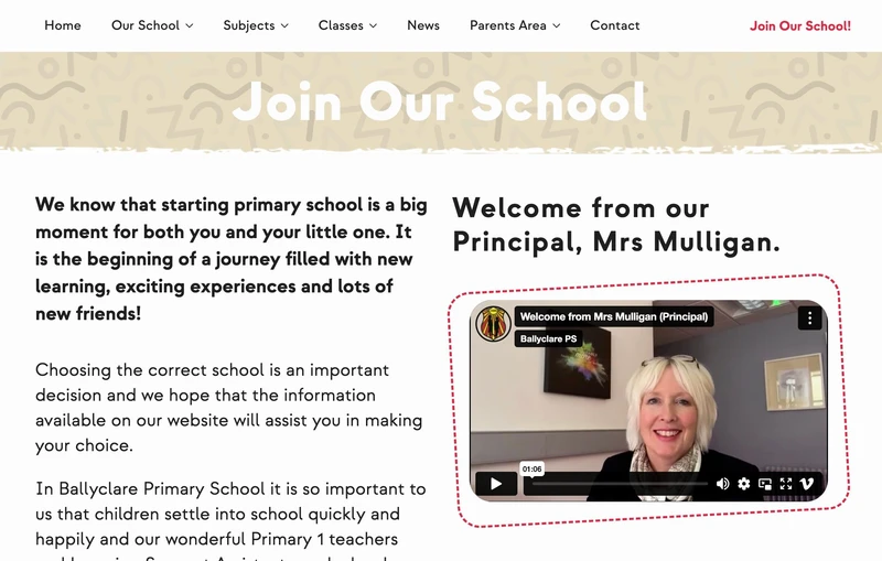 A screenshot of a web page showing video intro from the school principal and information about joining the school